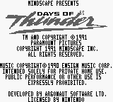 Days of Thunder title screen for GameBoy